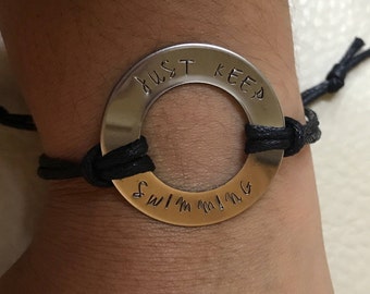 Just Keep Swimming adjustable cord bracelet. You choose font and cord color!