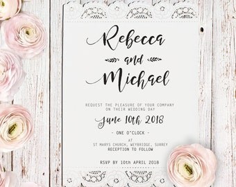 Corte del Laser de rústico de invitación de boda, invitación de la boda del Vintage, invitación Boho encaje boda invita, invitación, Boho Chic