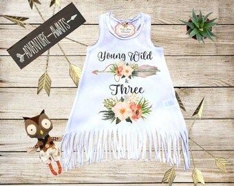 Fringe Dress Birthday Girl Dress Young Wild & Three Dress Boho Baby Clothes Bohemian Dresses Third Birthday Toddler Girl Dress Unique Dress