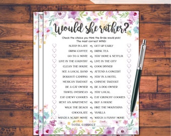 Would She Rather Bridal Shower Game - Wild Flowers Theme Printable Bridal Shower Game - Bachelorette Party Night - Hen Party Game