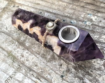 Amethyst Crystal Pipe, Custom Sterling Silver and Czech Glass, Wire Wrapped Purple Amethyst Crystal Smoking Pipe! Girly Pipes, Gemstone Pipe