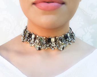 Black & Gold Rhinestone Choker Necklace
