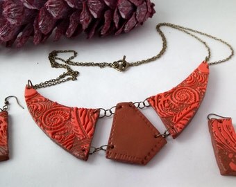orange and bronze ethnic bib necklace antique