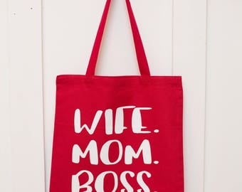 100% Cotton tote bag - Red/White "Wife. Mom. Boss"