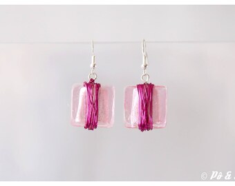 Pink square glass #0917 earrings