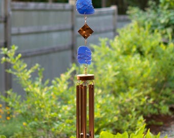 Wind Chimes Cobalt Blue Glass Copper sea glass beach glass stained glass suncatcher windchime