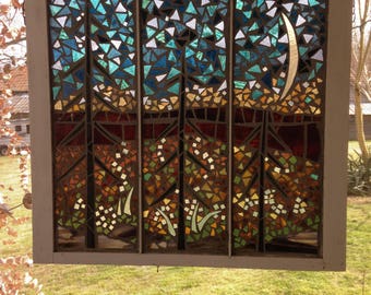 Three Trees- Glass on glass stained glass mosaic in repurposed window sash. Beautiful window hanging