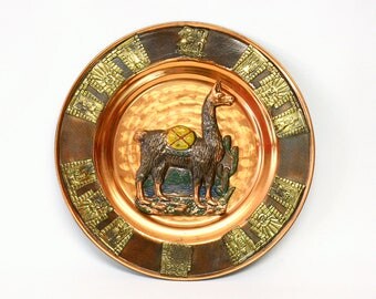 Decorative Peruvian Copper Wall Plate Depiciting Llama with Brass Inca Motif at Border