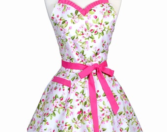 Sweetheart Womens Apron - 50s Style Pinup Spring Pink and Green Apple Blossom Retro Cute Flirty Vintage Style Kitchen Apron to Monogram (DP)