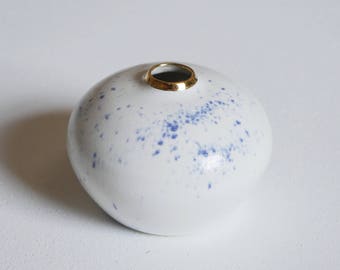 Bud Vase; White and Gold Vase, Handmade Pottery Vase; Ceramic Vase, White Pottery; Blue Splatter