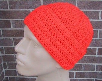 Blaze Orange Beanie - Mens Hunting Hat - Crocheted - Soft Acrylic Yarn - Handmade - Warm Cap - Size M/L - Ready to Ship