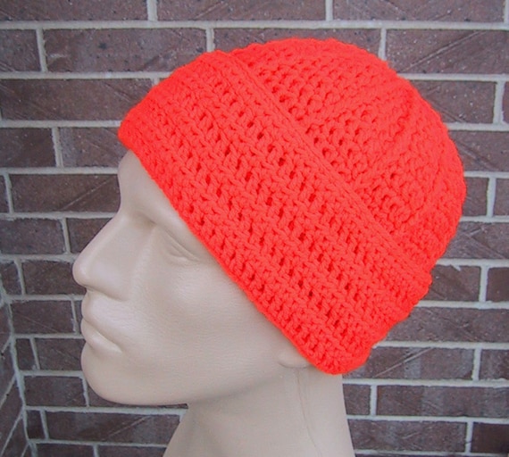 Blaze Orange Beanie Mens Hunting Hat Crocheted Soft