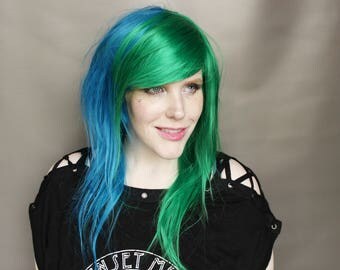SALE Green Blue wig | Long Scene Emo wig, Cosplay wig | Cyber Rave wig, Straight Scene wig | Sea Spire