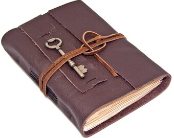 Dark Brown Leather Journal , Tea Stained Paper, Skeleton Key, Travel Journal, Leather Notebook, Life Journal, Handmade, Diary, Rustic