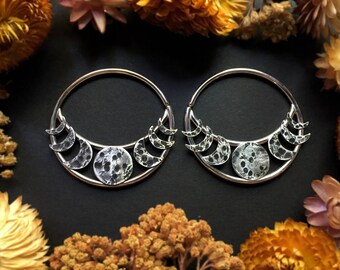 Sterling Silver Lunar Moon Cycle Hoop Earrings Ritual Remains Ear Weights Witchy Jewelry 10g Earrings Mountain Earrings 10g Plugs Full Moon