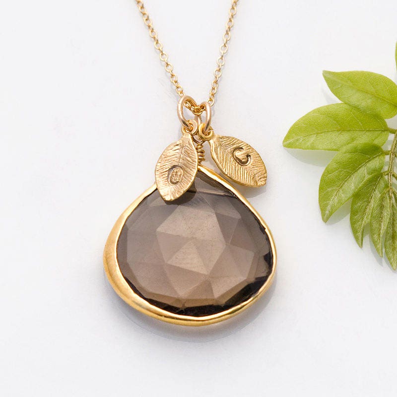 Brown Gemstone Necklace Hand Stamped Initial Jewelry Unique