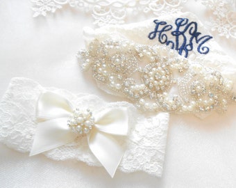 Wedding Garter Set MONOGRAM OPTION Lingerie Lace Classic Pearls and Rhinestone Setting Bridal Garter Set
