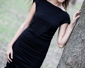 black dress, jersey dress, midi dress, ruched dress, wiggle dress, pencil dress