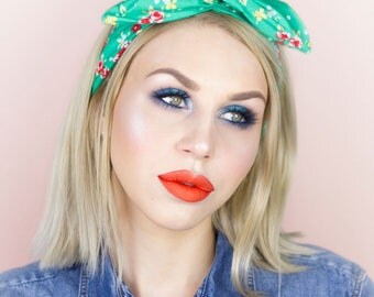 Green with Pink Vintage Floral Print - Pin up Wire Rockabilly Headband