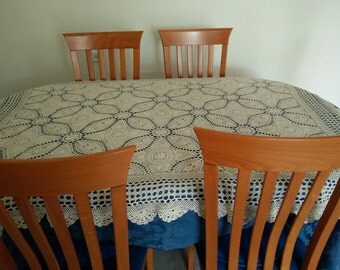 rectanble vintage crochet tablecloth, off white crochet table cloth, square crochet tablecloth, vintage table cloth,