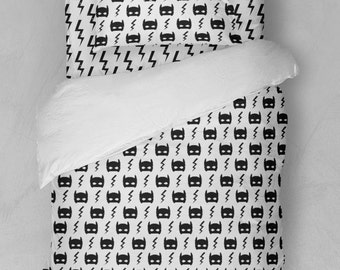 Twin Bed Duvet Cover Comforter Sheets Batman Super Hero Mask Lightning Black White Gray Grey