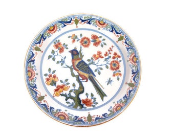 Vintage Royal Tichelaar Makkum 902 Charger Wall Plate Polychrome Bird Floral Scroll Motif Dutch Delft Pottery