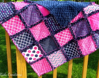 Navy and Hot Pink Minky Baby Rag Quilt -Stroller Blanket- Minky Rag Quilt - Minky Baby Blanket