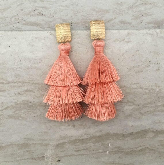 Apricot Tassel Drop Earrings Gold Rectangle Earrings Matt