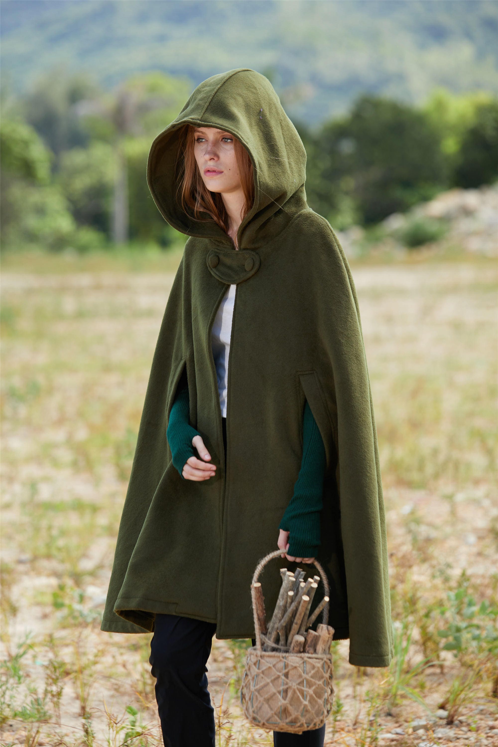 Green Hooded Wool Coat wool Cloak Cape Cashmere Women Wool