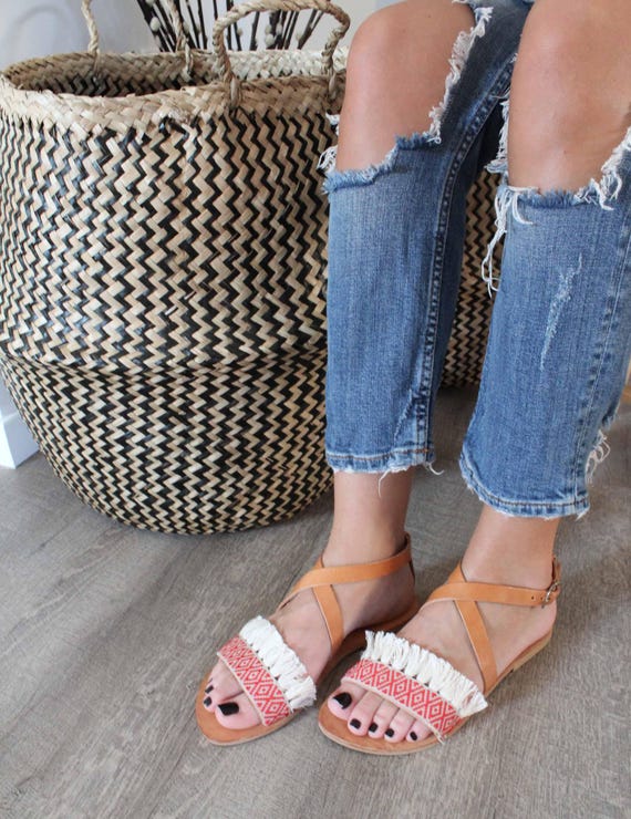 Items similar to Boho sandals. Flat leather sandals. Genuine leather sandals. Beachwear sandals 