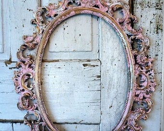 Ornate picture frame wall hanging shabby cottage chic distressed pink and gold w/ white vintage hand painted home decor anita spero design