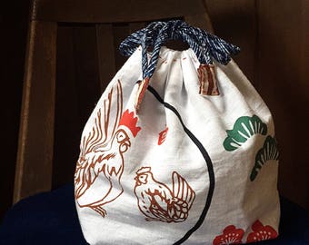 Bento Bag, Tenugui Bag, Lunch Bag, Drawstring Bag, Day Bag, Japanrse Bag, Vintage Kimono, Small Bag, Purse, Kinchaku, Kawaii, Sashiko