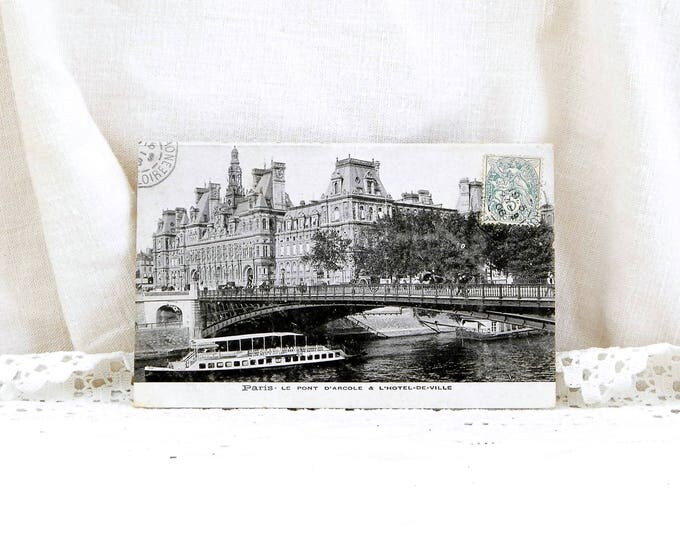 Antique French Black and White Postcard Paris L'Hotel de Ville and Le Pont D'Arcole, Vintage French Country Decor, Parisian Belle Epoque