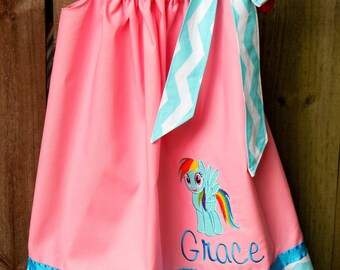 Bubble Gum Pink Aqua Chevron Rainbow Dash MLP Birthday Party Little Girl's Sundress, Pillowcase Dress