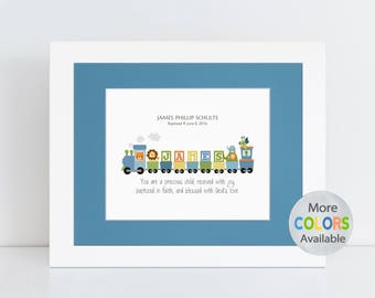 Unique Boy Baptism Gift, Christening Gift, Baby Gift, First Communion Gift. Personalized Train PRINT with your choice of Bible verse
