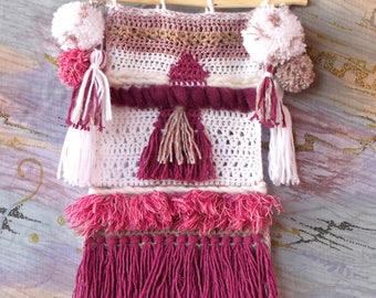 Crochet Tapestry. Wall Art. Decor. Pompons and tassels. Fringes.