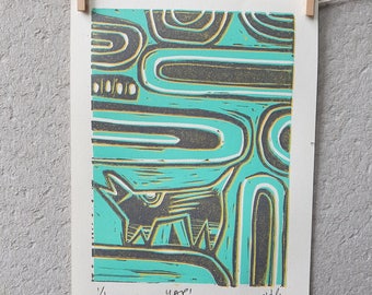 dog art, abstract art, illustration, lino print, limited edition lino print, 5 x 7 print, vintage inspired art, printmaking, cool, gift