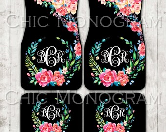 Floral Monogrammed Car Mats Classy Black Monogram Carmats Car Floor Mats Custom Car Accessories For Her Car Decor Cute Car Accessories