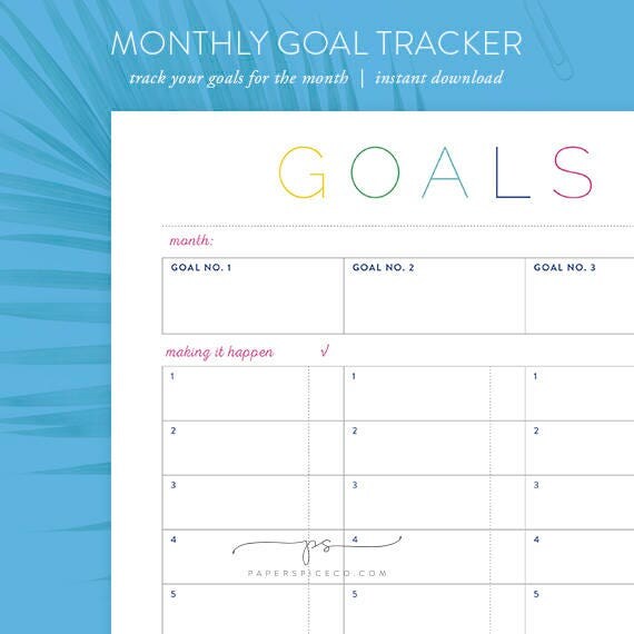 Items similar to Printable Monthly Goal Tracker | DIY monthly goal ...