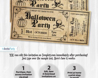 Halloween Invitations, Halloween Ticket Invitations, Halloween Tickets, Halloween Party Invitations - Ticket Halloween Party -INSTANT ACCESS