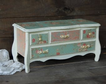 Jewelry Box, Music Box, Shabby Chic, French, Ivory, Aqua, Upcycled Vintage, Hand Painted, Decoupage, Wood, Jewelry Storage, Gift for Her