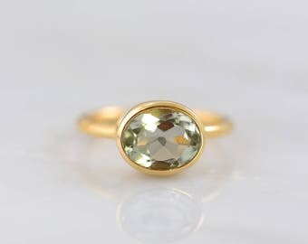 Green Amethyst Ring, Oval Ring, Bezel set ring, February Birthstone Ring, Gemstone Ring, Stacking Ring, Gold Ring, Bridal jewelry