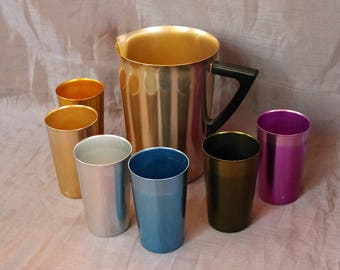 Bascal Pitcher and 6 Tumblers/Glasses ~ Aluminum Drink-Ware ~ Atomic Rainbow Anodized Tumblers