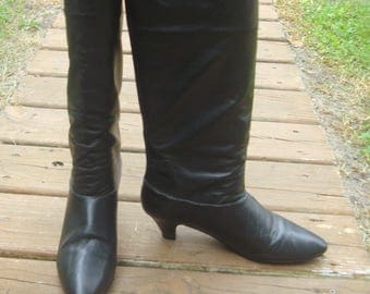 Vintage Tall Black Genuine Leather Knee High Riding Boots~7.5~