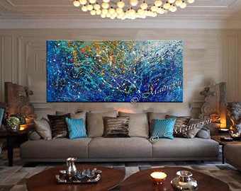 Oil Painting 72" Jackson Pollock Vintage Style, Strings drip art, Blue Thick layers of paint, Worldwide shipping, By Maitreyii