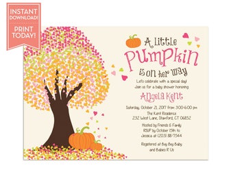 Little Pumpkin Baby Shower Invitations - Fall Baby Shower Invitation Template - Editable Instant Download Printable LR1017BA Pink