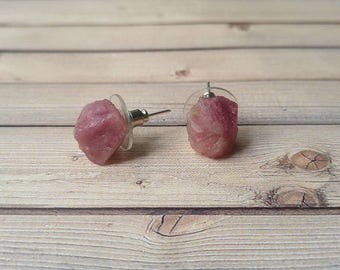 Raw Pink Tourmaline Stud Earrings