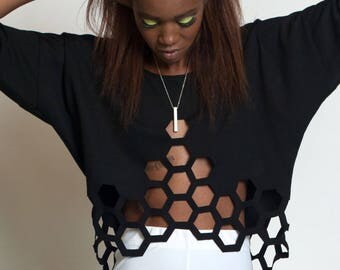 HIVE MIND - Laser Cut Shirt Kimono Top Black Sweatshirt Crop Top Geometric Top Shirt Cutouts Cyber Futuristic Cybergoth Minimalist Fashion