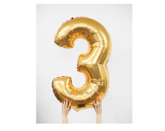 40" Metallic Gold Number Balloon, 40 Inch Gold Balloon, Giant Gold Number Balloon, Giant 3 Balloon, Number Three Balloon, 40" Three Balloon
