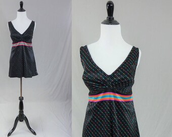70s Swimsuit - Black Nylon - Rainbow Stripes - Skirted Swim Suit - Bathing Suit - Vintage 1970s - M L